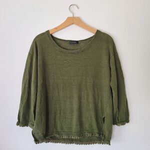 J. Crew 100% Linen Olive Green Knit Sweater 3/4 Sleeve Lightweight Small